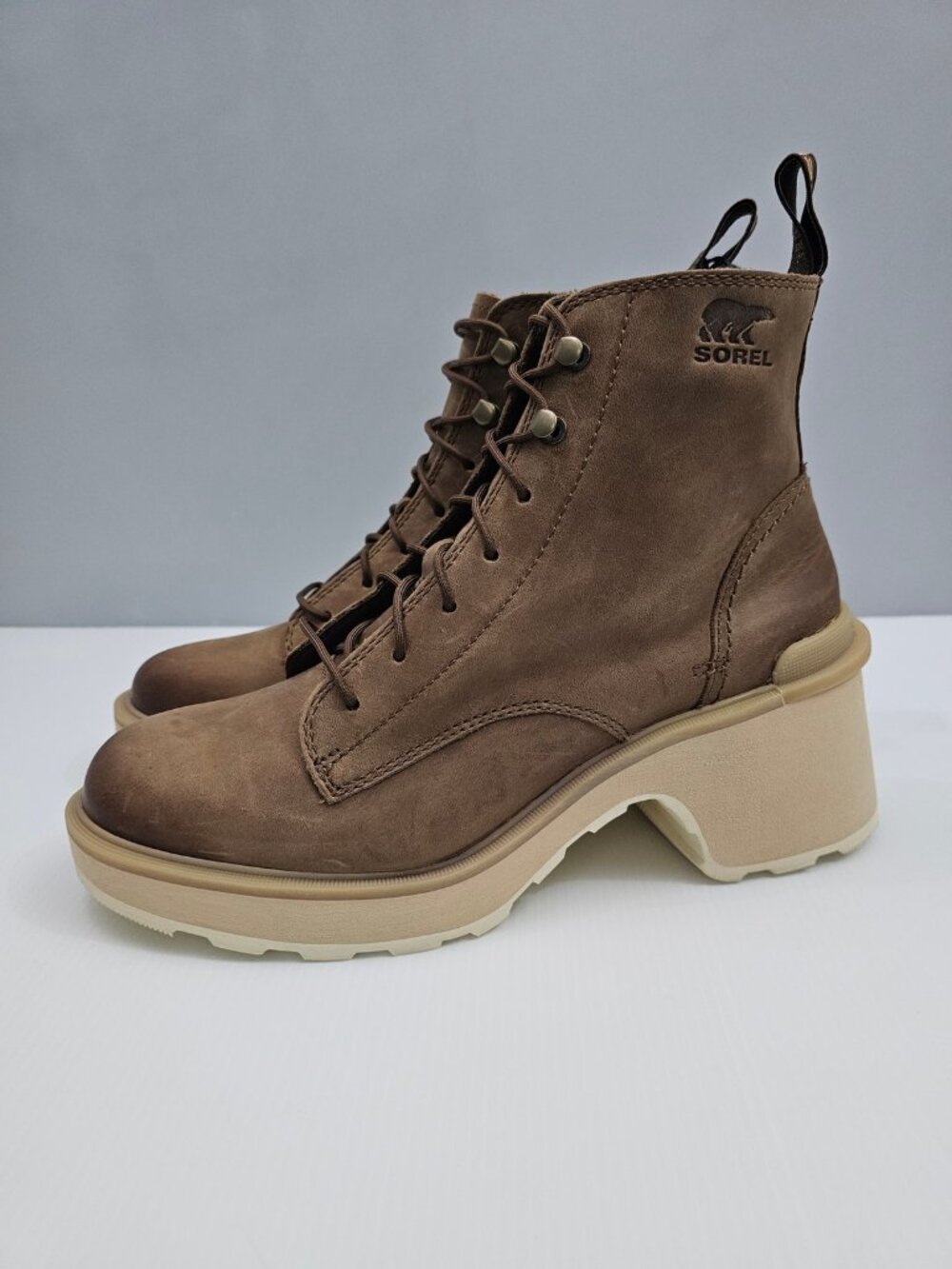 Sorel Hi-Line Heel Lace Up Waterproof Platform Ankle Boot Brown Leather Womens 9